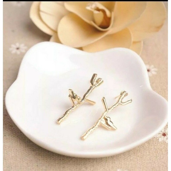 Gold Bird on a Limb Stud Earrings - Picture 1 of 4